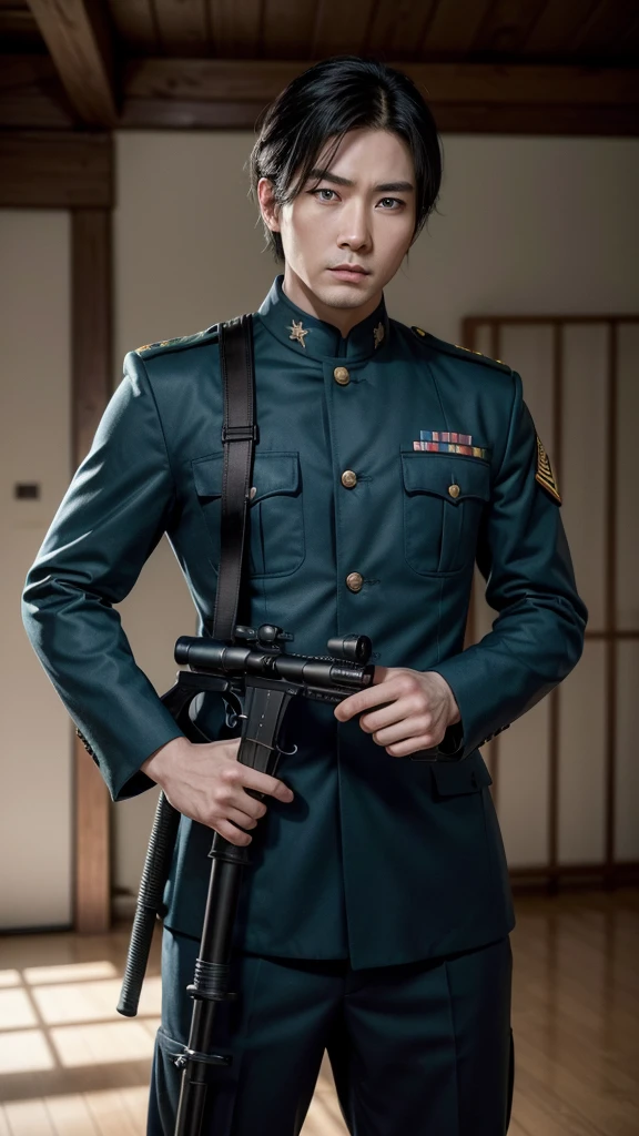 one men, (((独奏)))), (looking 35 years old, pale skin, Cao Cao, pale skin, Round face, squared chin, olhar furioso, shining blue eyes: 1.85, black long straigh hair with bangs: 1.50, thick eyebrow, serious face), (he is an american sniper, wear well-tailored military attire), (he holds a sniper rifle), bottom is solid, the focus is only on the entire character.