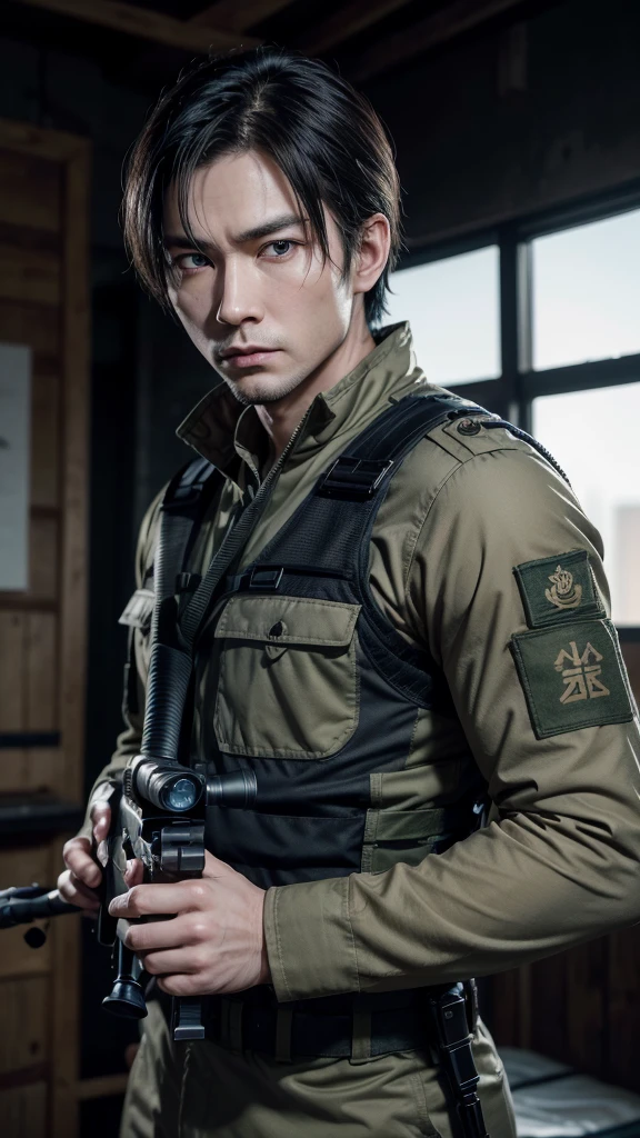 one men, (((独奏)))), (looking 35 years old, pale skin, Cao Cao, pale skin, Round face, squared chin, olhar furioso, shining blue eyes: 1.85, black long straigh hair with bangs: 1.50, thick eyebrow, serious face), (he is an american sniper, wear well-tailored military attire), (he holds a sniper rifle), bottom is solid, the focus is only on the entire character.