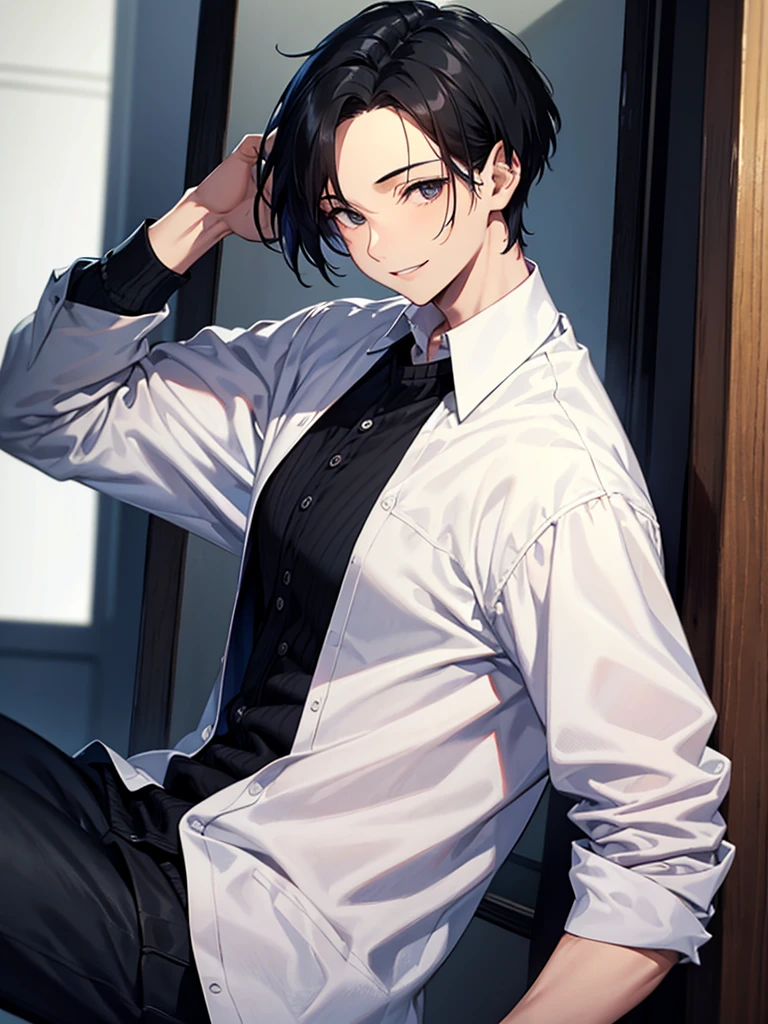 Forehead, Very short hair, A kind smile, One Man, Portrait from chest up, Very short black hair, Old man in clothes, Please open your eyes a little, Male hand,Man&#39;s face,Male eyebrows, Male Eyes, Sharp Nose ,Long Nose, Slicked back hairstyle, Black butler uniform, Iris, walking , A kind smile, Reminiscent of a novel cover, Dramatic lighting, Emphasize the contrast between light and shadow, (Official Art, Highest quality、unity 8k wallpaper、32k、masterpiece、Very detailed, grab your hair with your hands, Cinema Lighting, Isekai Tensei, anime,Beautiful light shining through the window, sense of cleanliness,