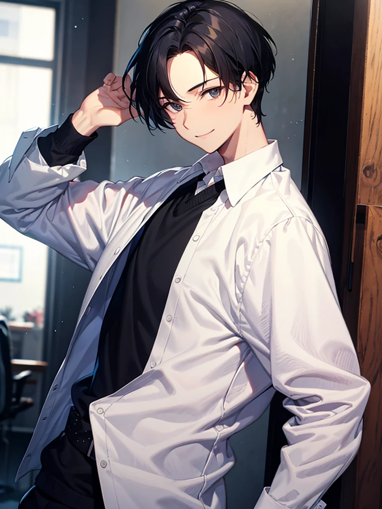 Forehead, Very short hair, A kind smile, One Man, Portrait from chest up, Very short black hair, Old man in clothes, Please open your eyes a little, Male hand,Man&#39;s face,Male eyebrows, Male Eyes, Sharp Nose ,Long Nose, Slicked back hairstyle, Black butler uniform, Iris, walking , A kind smile, Reminiscent of a novel cover, Dramatic lighting, Emphasize the contrast between light and shadow, (Official Art, Highest quality、unity 8k wallpaper、32k、masterpiece、Very detailed, grab your hair with your hands, Cinema Lighting, Isekai Tensei, anime,Beautiful light shining through the window, sense of cleanliness,