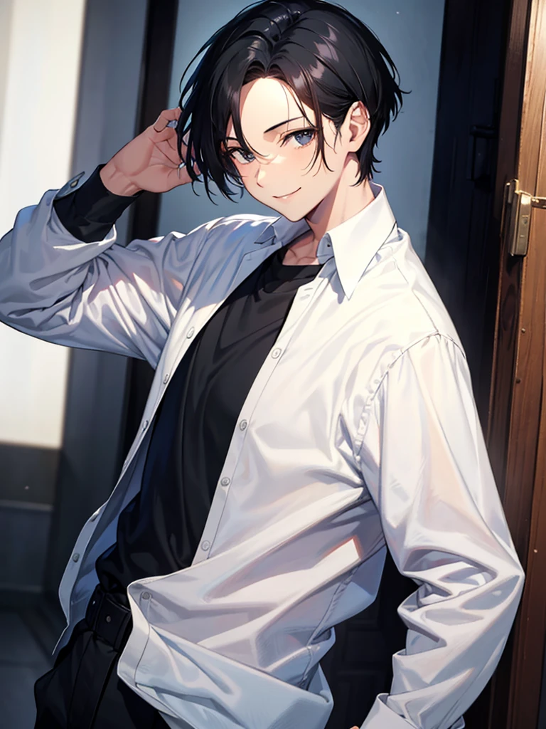 Forehead, Very short hair, A kind smile, One Man, Portrait from chest up, Very short black hair, Old man in clothes, Please open your eyes a little, Male hand,Man&#39;s face,Male eyebrows, Male Eyes, Sharp Nose ,Long Nose, Slicked back hairstyle, Black butler uniform, Iris, walking , A kind smile, Reminiscent of a novel cover, Dramatic lighting, Emphasize the contrast between light and shadow, (Official Art, Highest quality、unity 8k wallpaper、32k、masterpiece、Very detailed, grab your hair with your hands, Cinema Lighting, Isekai Tensei, anime,Beautiful light shining through the window, sense of cleanliness,