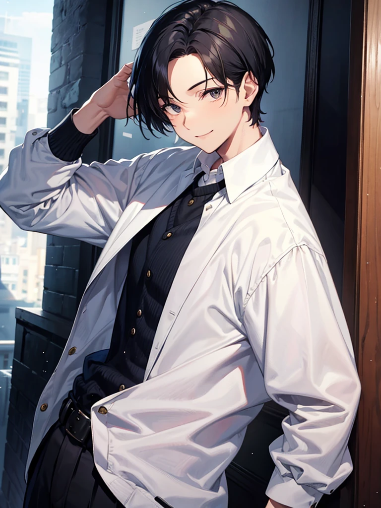 Forehead, Very short hair, A kind smile, One Man, Portrait from chest up, Very short black hair, Old man in clothes, Please open your eyes a little, Male hand,Man&#39;s face,Male eyebrows, Male Eyes, Sharp Nose ,Long Nose, Slicked back hairstyle, Black butler uniform, Iris, walking , A kind smile, Reminiscent of a novel cover, Dramatic lighting, Emphasize the contrast between light and shadow, (Official Art, Highest quality、unity 8k wallpaper、32k、masterpiece、Very detailed, grab your hair with your hands, Cinema Lighting, Isekai Tensei, anime,Beautiful light shining through the window, sense of cleanliness,