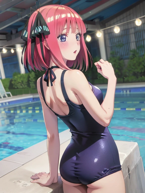 best quality, insanely detailed,nino nakano, poolside background, breasts, blush, back style, one-piece swimsuit, nipple, look back