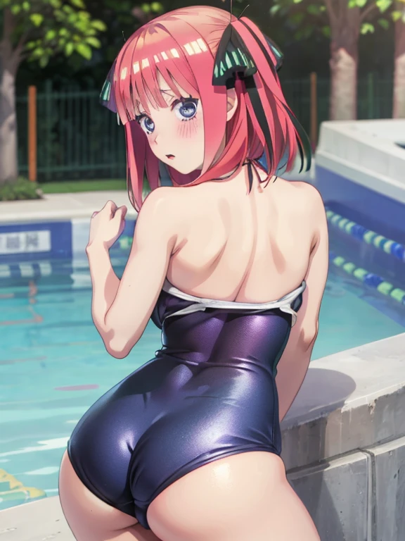 best quality, insanely detailed,nino nakano, poolside background, breasts, blush, back style, one-piece swimsuit, nipple, look back