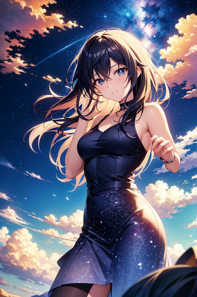 anime scenery of a guy and a girl standing on a rock looking at the sky, cosmic skies. by makoto shinkai, makoto shinkai cyril rolando, beautiful anime scene, romantic anime scene, anime sky, anime art wallpaper 4 k, anime art wallpaper 4k, anime art wallpaper 8 k, anime beautiful peace scene, in style of makoto shinkai, 4k anime wallpaper