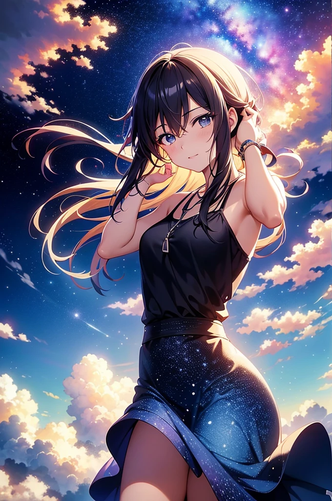anime scenery of a guy and a girl standing on a rock looking at the sky, cosmic skies. by makoto shinkai, makoto shinkai cyril rolando, beautiful anime scene, romantic anime scene, anime sky, anime art wallpaper 4 k, anime art wallpaper 4k, anime art wallpaper 8 k, anime beautiful peace scene, in style of makoto shinkai, 4k anime wallpaper