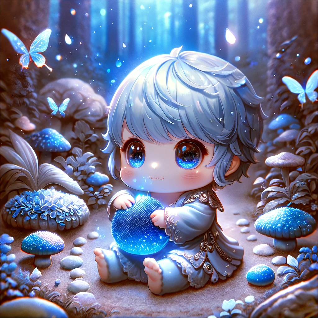 absurdres, highres, ultra detailed, HDR, master piece, best quality, extremely detailed, cute blue mushroom with face, cute, small, solo, magical, fantasy, magic, blue forest, glittering, blue butterflies, blue petals, blue flowers