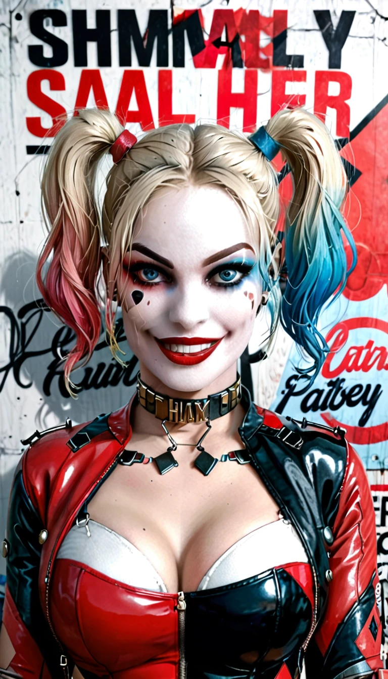 (work of art, high qualiy, movie poster, wall-paper) Harley Quinn smiling showing her teeth, with blonde hair, really large bust, pink and light blue hair patch, blue colored eyes, strong makeup, red shadow and blue shadow, red lipgloss stick, leather jacket, Cyborg Body, metal body, smooth and shiny metal, heavy iron boots, mechanical joints,  fully body, 