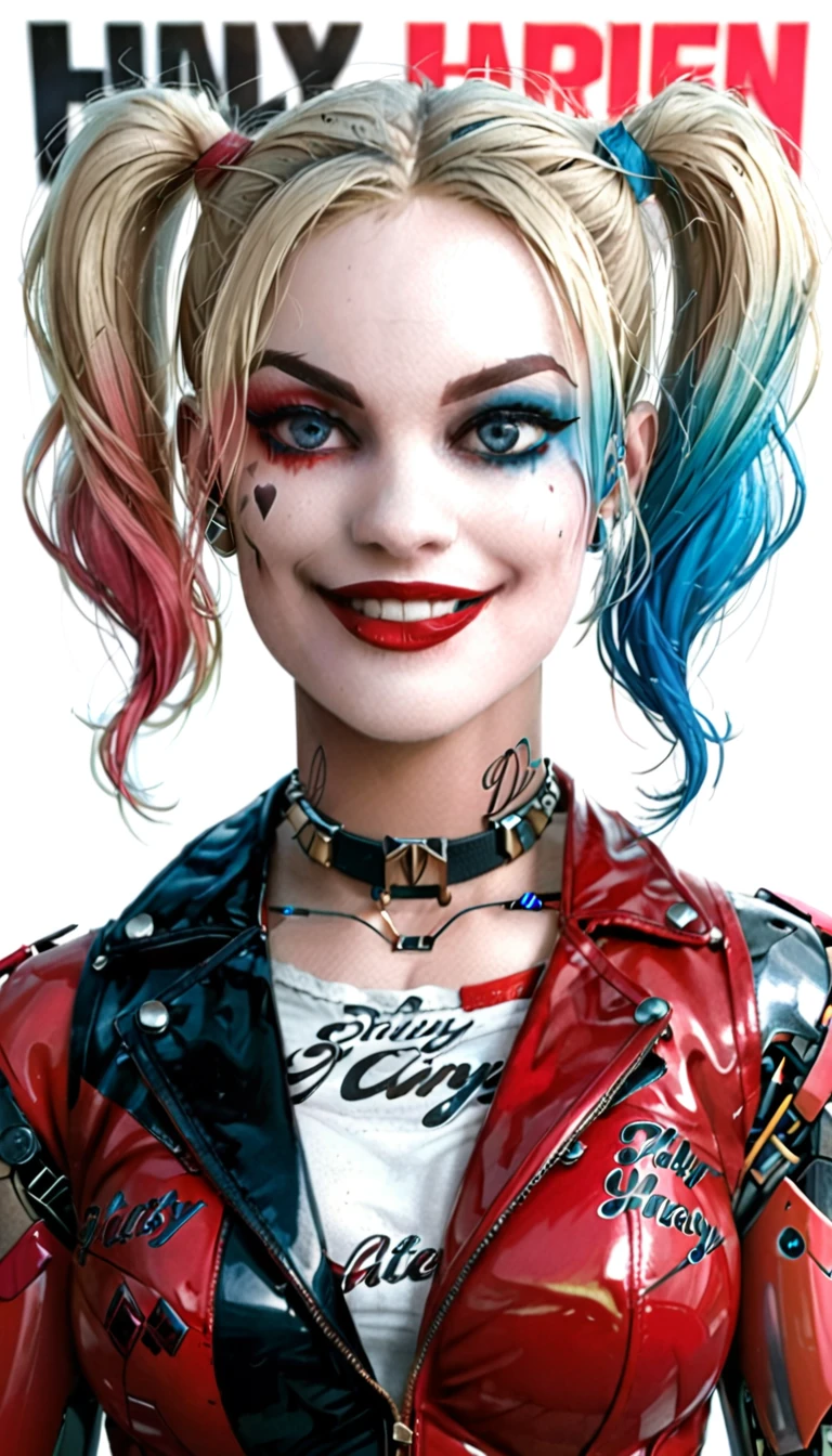 (work of art, high qualiy, movie poster, wall-paper) Harley Quinn smiling showing her teeth, with blonde hair, really large bust, pink and light blue hair patch, blue colored eyes, strong makeup, red shadow and blue shadow, red lipgloss stick, leather jacket, Cyborg Body, metal body, smooth and shiny metal, heavy iron boots, mechanical joints,  fully body, 