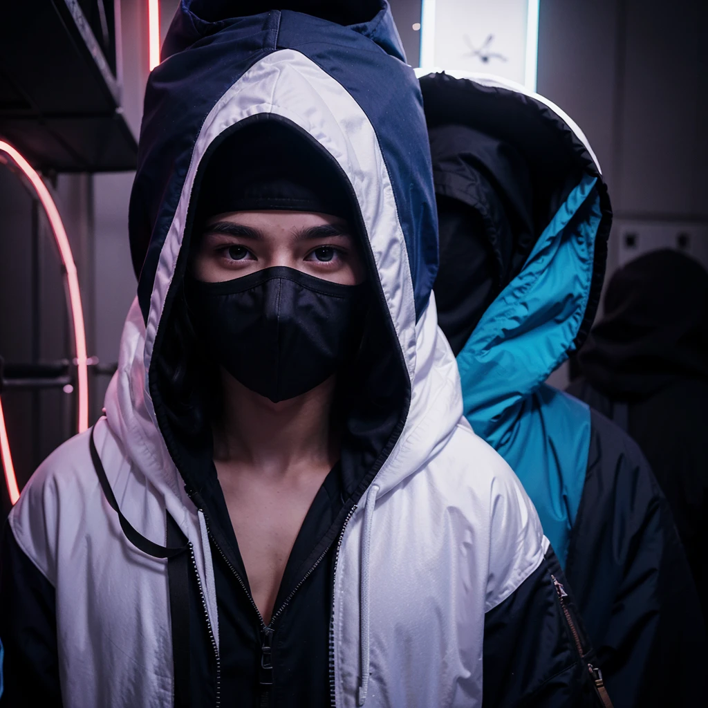 five masked hooded young men color coridor neon liminal space cold light tamisé