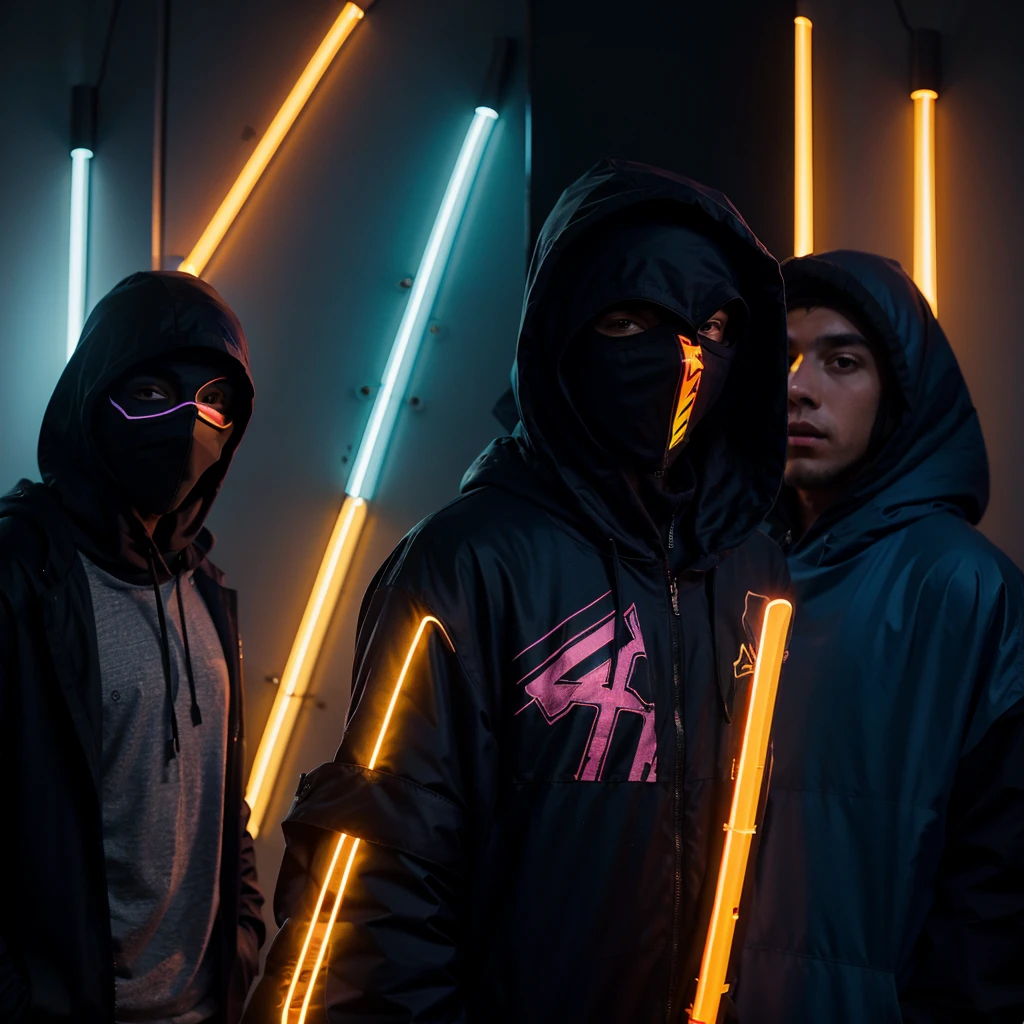 five masked hooded young men color coridor neon liminal space cold light tamisé