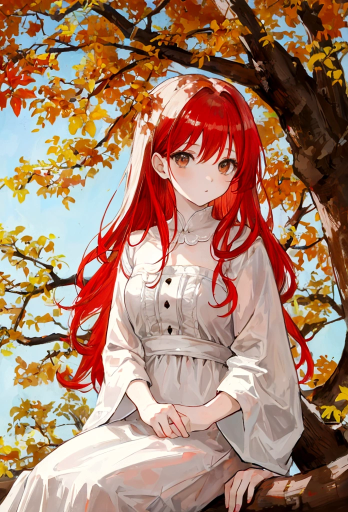(artwork), 1 redhead, White , with brown eyes, sitting in a tree