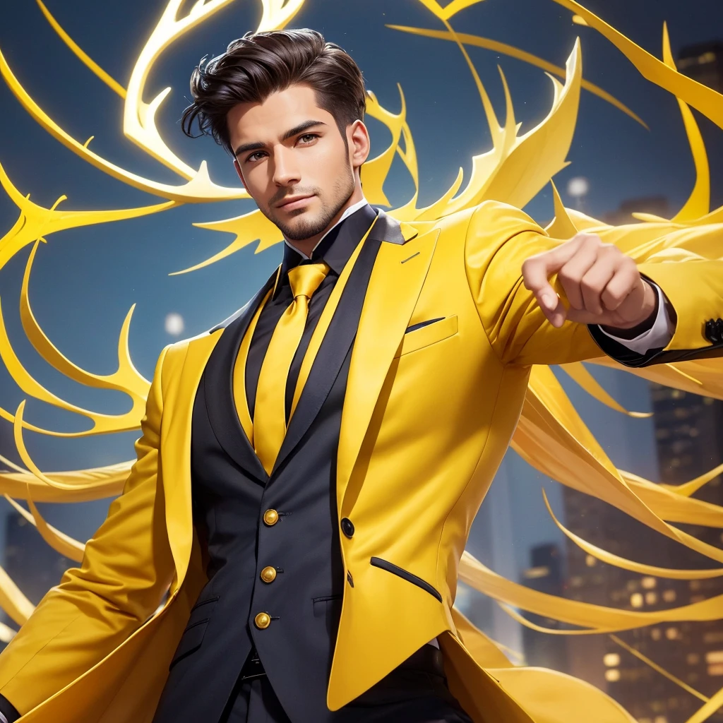 Create an image of a confident and stylish man representing an MBTI entrepreneur (ESTP) type. He is wearing a bright yellow outfit that highlights his energetic and dynamic personality. He has majestic deer antlers growing from his head, adding a unique and adventurous touch to his appearance. The background should be a bustling, modern cityscape that reflects his entrepreneurial spirit and love for excitement.