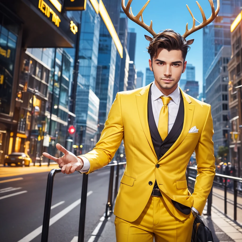 Create an image of a confident and stylish man representing an MBTI entrepreneur (ESTP) type. He is wearing a bright yellow outfit that highlights his energetic and dynamic personality. He has majestic deer antlers growing from his head, adding a unique and adventurous touch to his appearance. The background should be a bustling, modern cityscape that reflects his entrepreneurial spirit and love for excitement.
