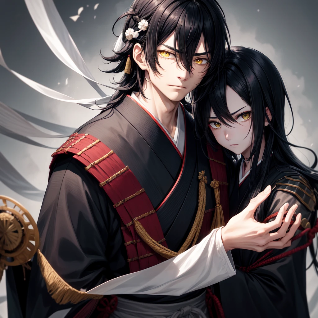 The character has long hair, smooth and black that fall over your face, partially hiding your eyes. Your eyes are different colors, with one right eye ((yellow)) and the green left eye, a detail that draws a lot of attention. His face is partially covered in white bandages that stretch from his nose to his chin., leaving only your eyes and forehead showing. He wears a traditional dark Japanese uniform with a high collar., typical of a warrior or samurai. His expression is serious and focused, conveying an air of mystery and determination.