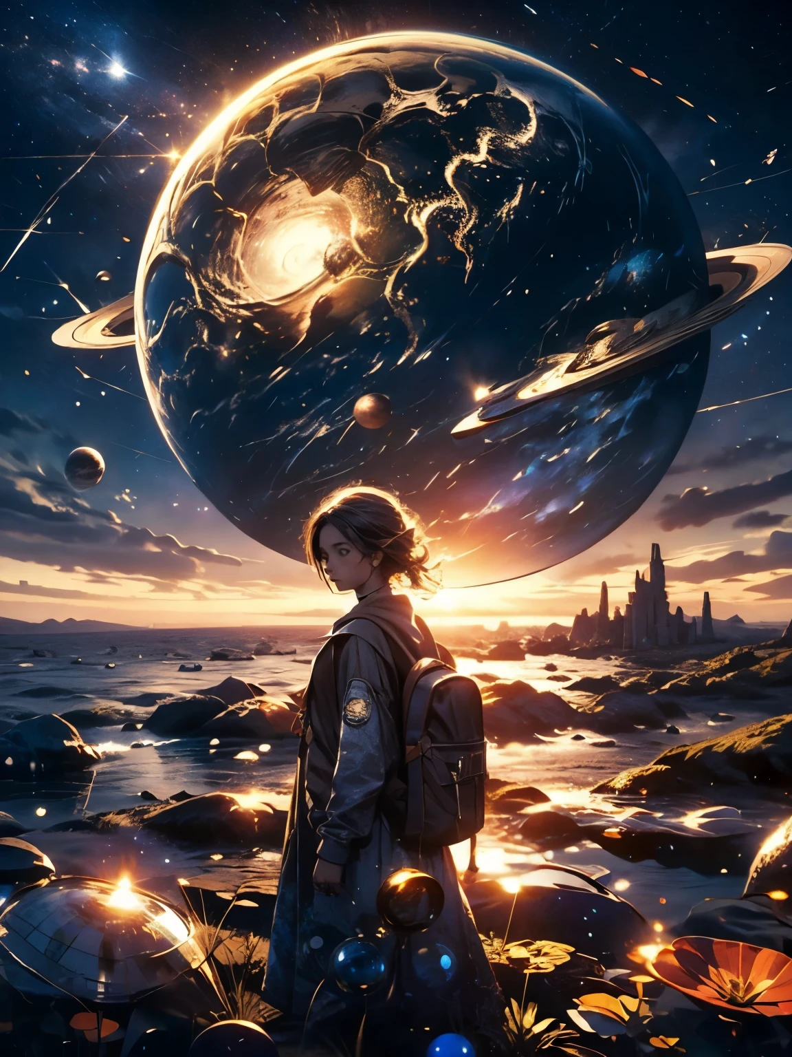 Space owl impression, Against the background of planets and stars  