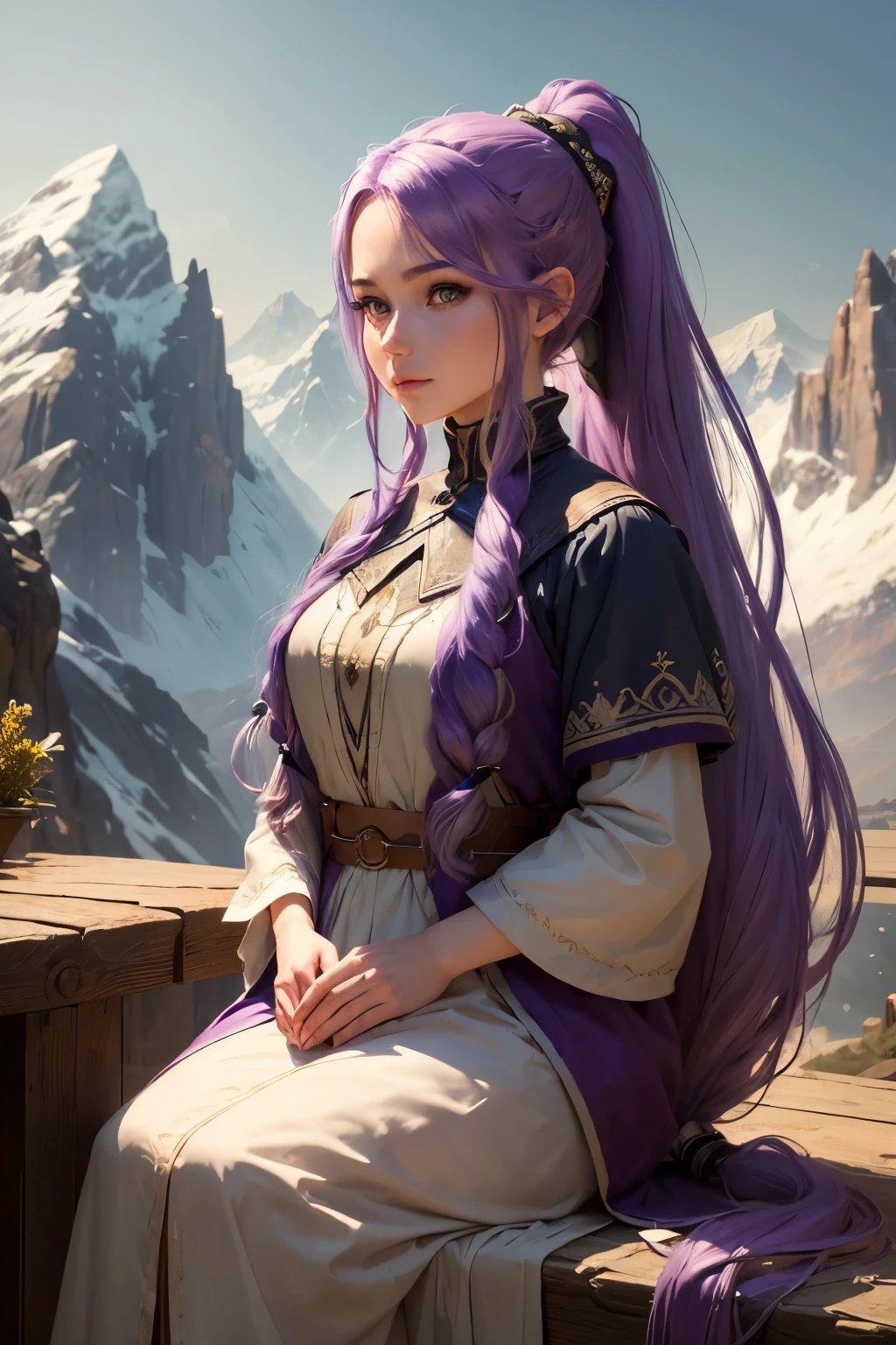 ((best qualityer)), ((work of art)), (detailded), 4K, hight contrast, work of art, 1 rank elfa , glad ,long light purple hair ,ponytail ,in the background magnificent mountains ,similar to the works of JRR Tolkien, clear lighting, detailed shadows