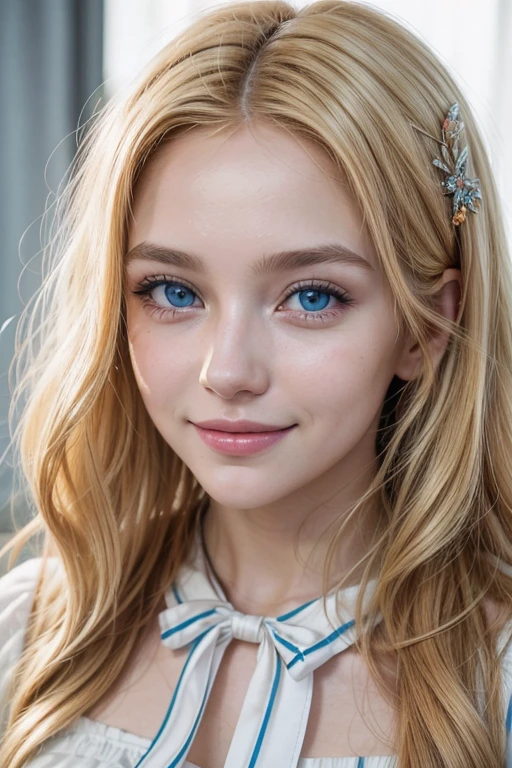 realistic portrait photo of beautifl woman with blonde hair, colombian, influencer, blue eyes, no makeup, instagram, smiling, blonde hair, orange eyes, light smile, curly hair, hair ornament, ribbon, sparkle, modern, vignetting, Social realism, UHD, anatomically correct, best quality