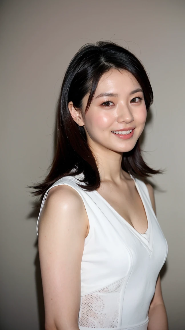 ((Highest quality、8K、masterpiece:1.3))、Realistic, Sharp focus, High resolution, High resolution,Portraiture, One person、Japanese、woman, beautiful woman, (((V-neck sleeveless casual dress)))、30 years old, Attractive person, Medium Long Hair,smile
