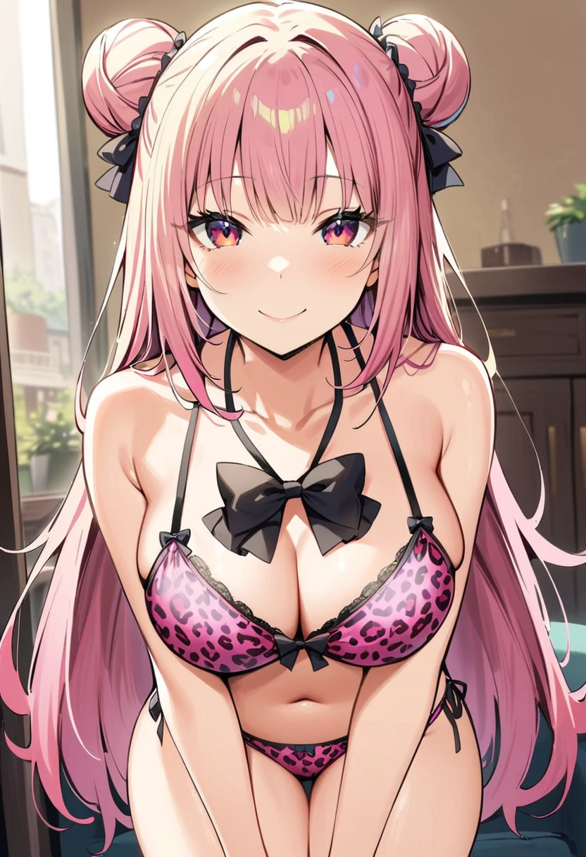 masterpiece, Highest quality, High resolution, ＪＫ,Huge ,One girl,black bow,black bowtie,Blonde,bow,bowtie,chest,Hair Bun,,Long Hair,View your viewers,,Pink Hair,,smile,pink leopard print panty,Leopard print underwear