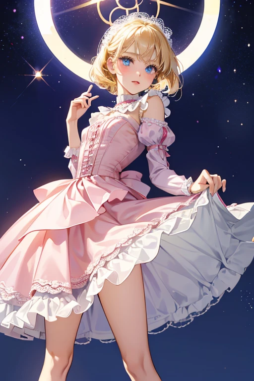 Aurore is a fair-skinned slender teenage girl standing at medium height with fair skin, light cornflower blue eyes and long, straight, waist length light honey blonde hair with bangs, and a tiny c
Aurore is seen wearing makeup; a pale amaranth nail polish that fades to light cerulean nail polish, light fuchsia lipstick, and a light brilliant cerise-colored blush. She wears a light blue mini dress that reaches slightly below her hips with short puffed sleeves with tiny white lace lining on the edge, a small yellow cloud pattern, a white Peter Pan collar, a white broad band around the waist, three layers of frilled edges at the hem, and small white lace lining at the dress openings and second frilled edge, and light yellow dress shoes with moderate amber soles. SPARKLE; GLITTER