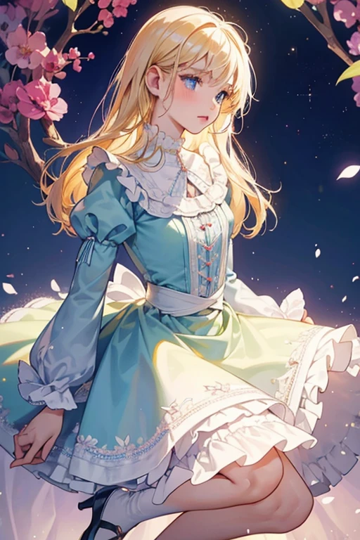 Aurore is a fair-skinned slender teenage girl standing at medium height with fair skin, light cornflower blue eyes and long, straight, waist length light honey blonde hair with bangs, and a tiny c
Aurore is seen wearing makeup; a pale amaranth nail polish that fades to light cerulean nail polish, light fuchsia lipstick, and a light brilliant cerise-colored blush. She wears a light blue mini dress that reaches slightly below her hips with short puffed sleeves with tiny white lace lining on the edge, a small yellow cloud pattern, a white Peter Pan collar, a white broad band around the waist, three layers of frilled edges at the hem, and small white lace lining at the dress openings and second frilled edge, and light yellow dress shoes with moderate amber soles. SPARKLE; GLITTER