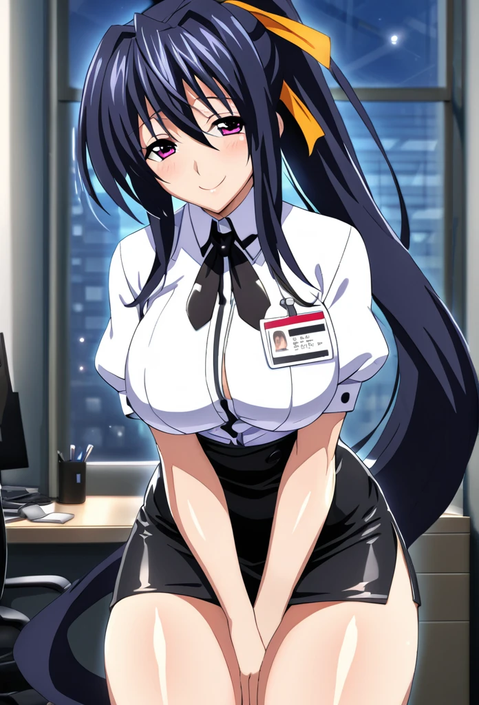 sysdeep_akeno, 1girl, solo, long_hair, looking_at_viewer, smile, large_breasts, shirt, black_hair, hair_between_eyes, very_long_hair, purple_eyes, hair_ribbon, white_shirt, ponytail, short_sleeves, indoors, neck_ribbon, high_ponytail, v_arms, orange_ribbon,  (masterpiece: 1.0), (best_quality: 1.0), (best quality:1.4),(shiny skin), body focus, (cute face), (((best quality))), illustration, ((Beautiful Finger)), , Beautiful body, Beautiful character design, ,perfect lighting, Colorful, Bright_Front_face_Lighting, ultra high res, highres, absurdres:1.2, bokeh:1.2, lens flare, (vibrant_color:1.2), (Beautiful, large breasts:1.2), (thick thighs:1.1), THICK, 
1lady standing, /(casual shirt/) (pencil skirt:1.1) /(id card lanyard/), (mature female) bangs, blush kind smile, (masterpiece best quality:1.2) delicate illustration ultra-detailed, large breast BREAK /(modern office indoors/), window skyscraper, sweet smile