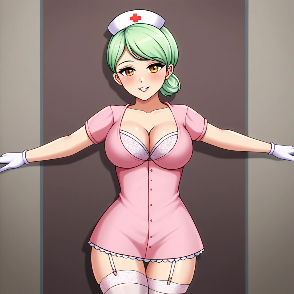 In a dimly lit hospital room, a sultry young female nurse stands out against the somber backdrop. Dressed in lacy lingerie, thigh-high stockings, and a nurse's cap, she exudes seductive mystery. Soft, warm glow illuminates her low-cut pink top showcasing ample cleavage, while white gloves add sophistication. Her gaze invites the viewer to step into her world. Ornate medical equipment and eerie shadows hint at gothic horror elements in the background. The nurse's cap and white gloves nod to darker undertones, balancing provocative themes with elegance.