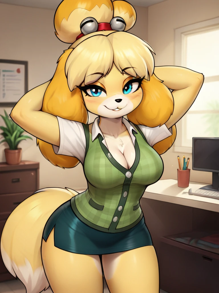 score_9, score_8_up, score_7_up, score_6_up, score_5_up, score_4_up, (Isabelle Animal Crossing), (front), (whisperfoot style), anthro furry, (short drop ears), yellow fur, blue eyes, short fluffy tail, yellow tail, medium breasts, white shirt, cleavage, green vest, green pencil skirt, (perfect hands), sexy curves, big head, (solo), standing, hands behind head, seductive pose, bending over, looking at viewer, seductive expression, (background: office)