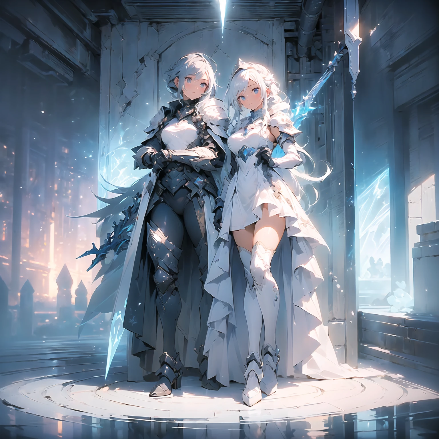 (((masterpiece, best quality, high detailed, 8k))) Design a layout showcase Gaming character, (1girl). Blue|White clothes, stylish and unique. ((showcase weapon:1.4)), ice spear. (masterpiece:1.2), (best quality), 4k, ultra-detailed. (Step by step design, layout art:1.5), (luminous lighting, atmospheric lighting). ice queen, ((glove full hands)), (((revealing clothes:1.3))), vambraces, armored legwear, (((full_body_shot:1.4))). {On a frozen lake}.