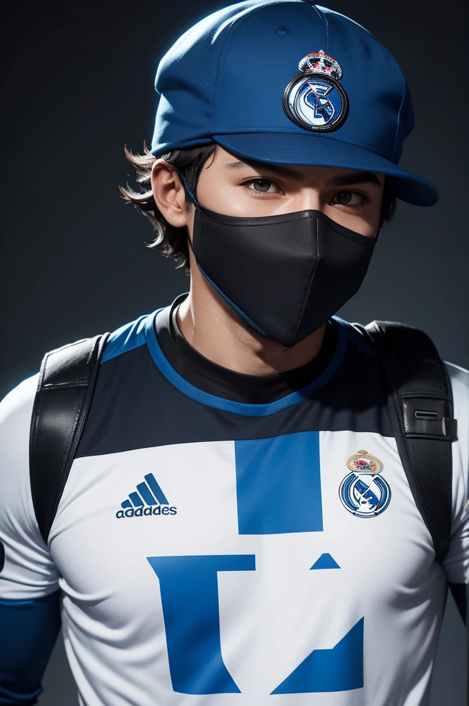 Free fire game style male character , with blue cap turned backwards, with a black mask, and a Real Madrid shirt written "TH" , with black background