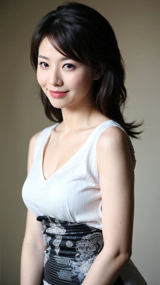 ((Highest quality、8K、masterpiece:1.3))、Realistic, Sharp focus, High resolution, High resolution,Portraiture, One person、Japanese、woman, beautiful woman, (((V-neck sleeveless casual dress)))、30 years old, Attractive person, Medium Long Hair,smile
