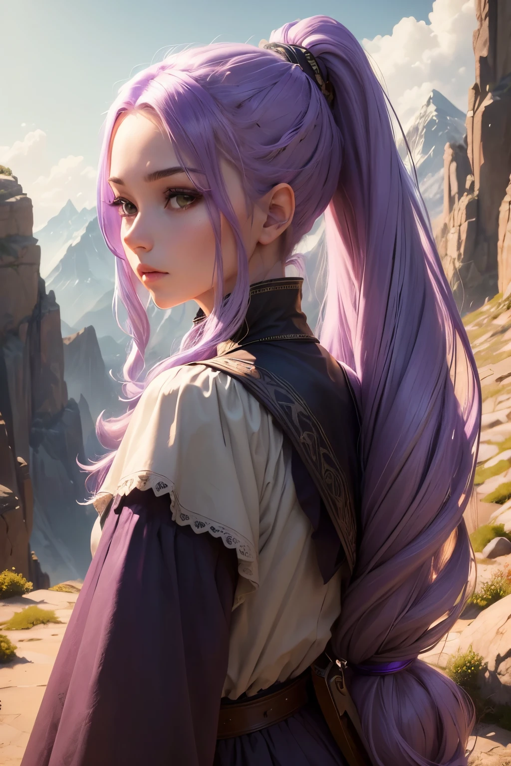 ((best qualityer)), ((work of art)), (detailded), 4K, hight contrast, work of art, 1 rank elfa , glad ,long light purple hair ,ponytail ,in the background magnificent mountains ,similar to the works of JRR Tolkien, clear lighting, detailed shadows