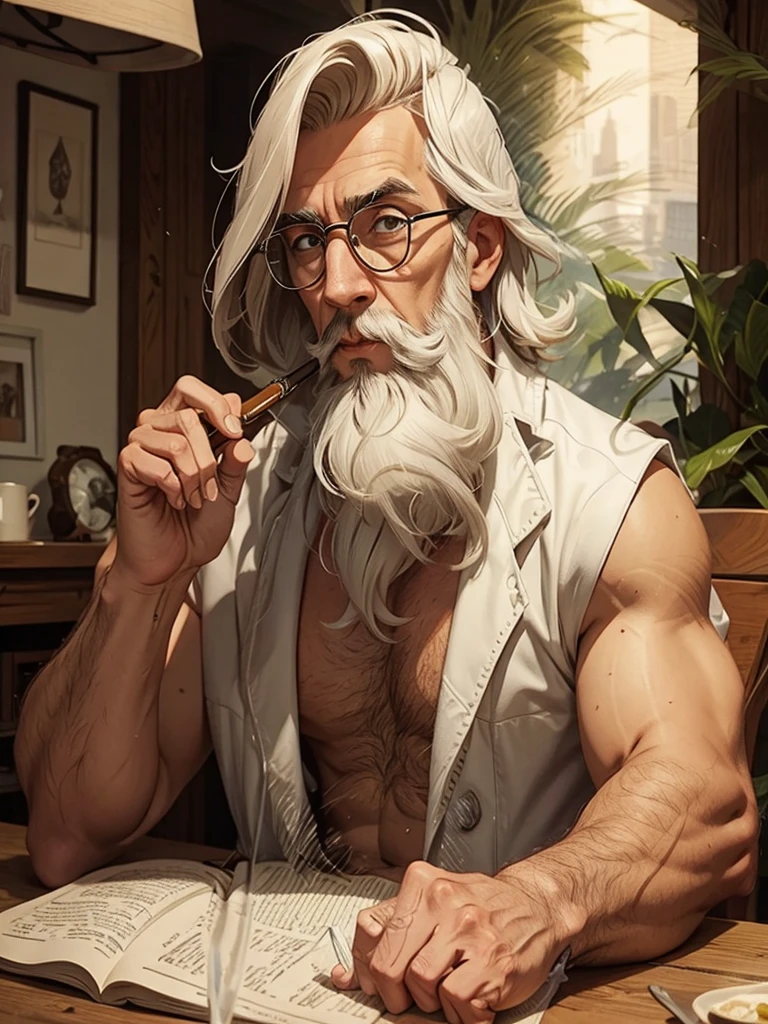 Man with medium hair tied long with a medium sized beard wearing glasses and a white coat sitting at a table smoking a long king pipe 