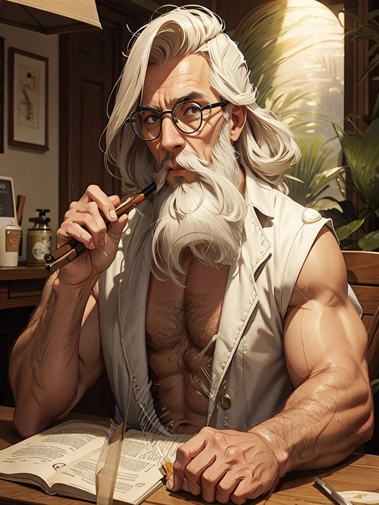 Man with medium hair tied long with a medium sized beard wearing glasses and a white coat sitting at a table smoking a long king pipe
