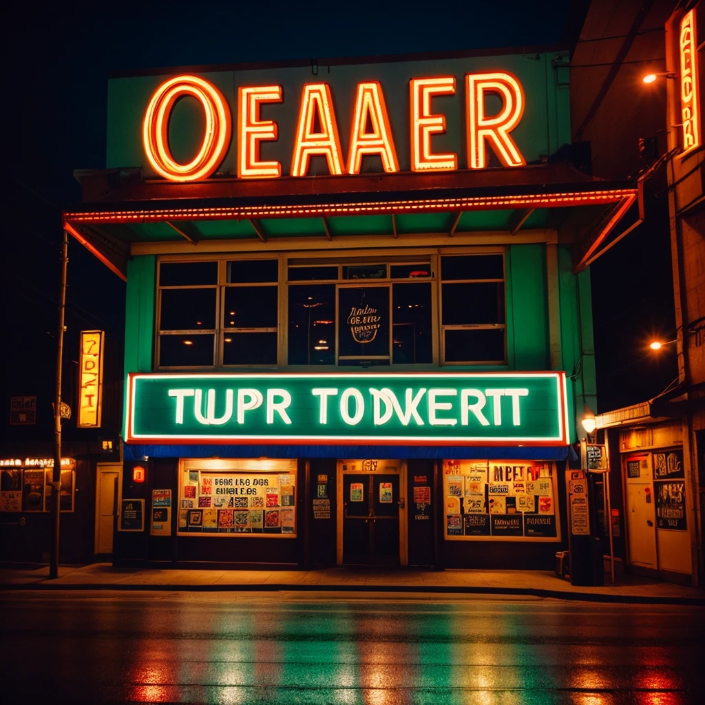 Comedy venue sign that says TRAUMEDY. Night. Hyper Photorealisitc. Super 35 mm. Fuji film. Modern day.
