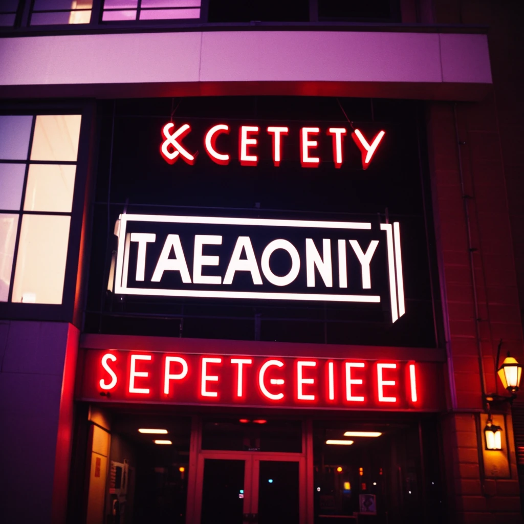 Comedy venue sign that says TRAUMEDY. Night. Hyper Photorealisitc. Super 35 mm. Fuji film. Modern day.