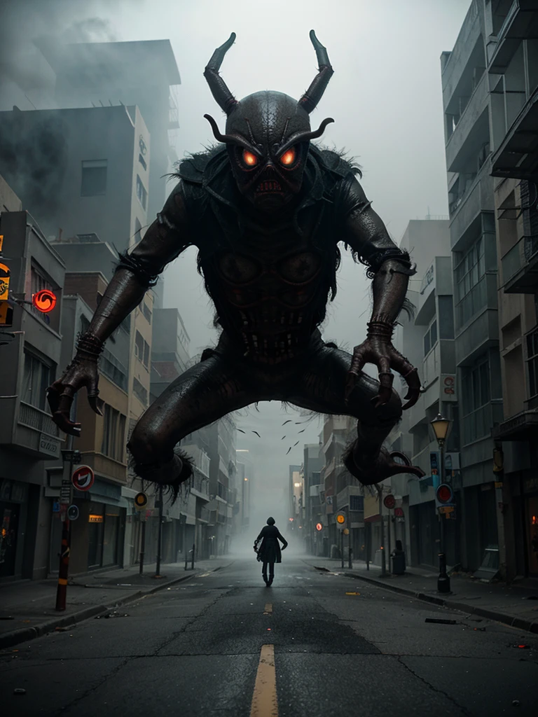 Create a giant hand that looks like a spider or a monster that walks down an abandoned street full of fog., horror