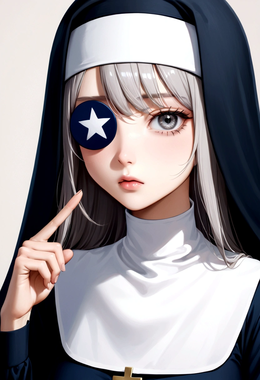 A girl dressed in a nun&#39;s habit and with a patch over her right eye..blue fur、grey eyes