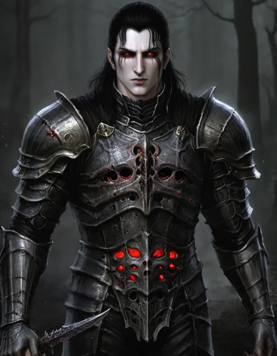 1 man, red glowing eyes, black hair, pale skin, black gold armor,,,vampire king,, fantasy dark souls world, fighting with, vampire Hunter