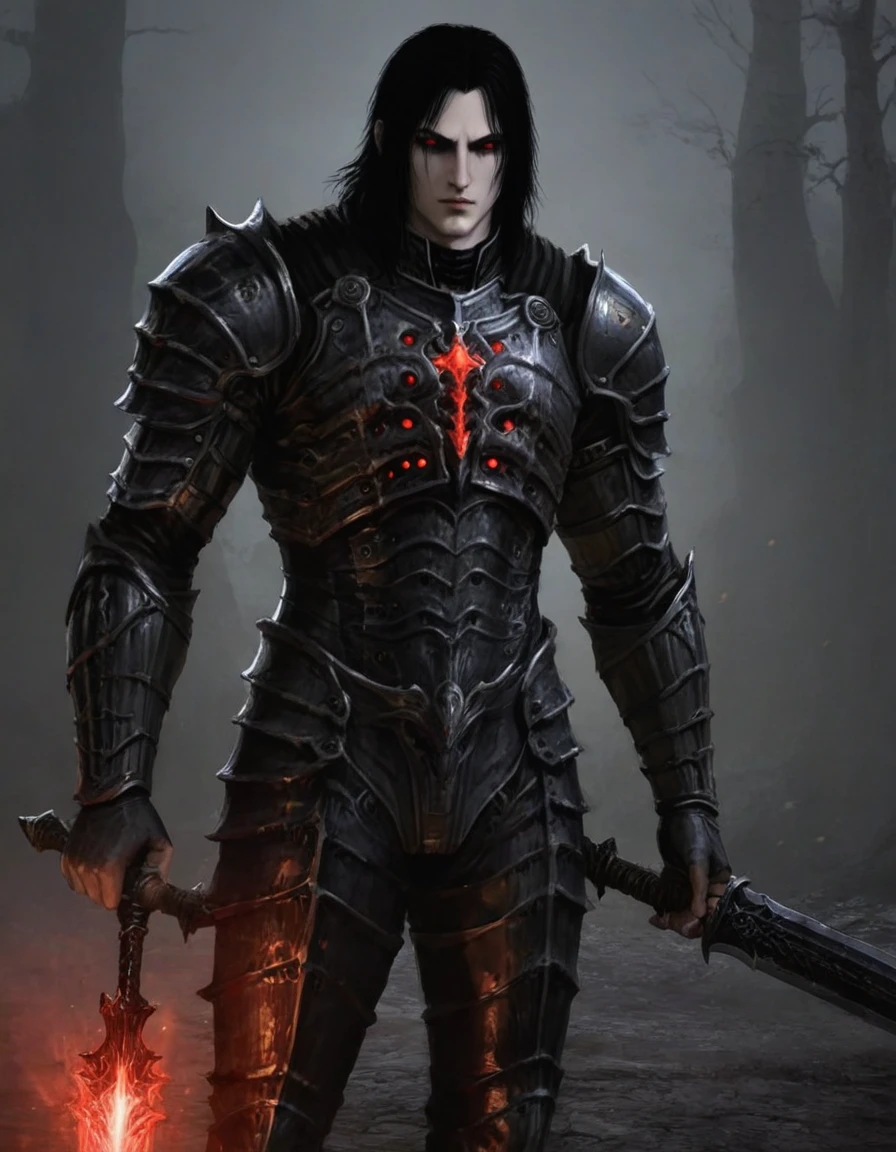 1 man, red glowing eyes, black hair, pale skin, black gold armor,,,vampire king,, fantasy dark souls world, fighting with, vampire Hunter