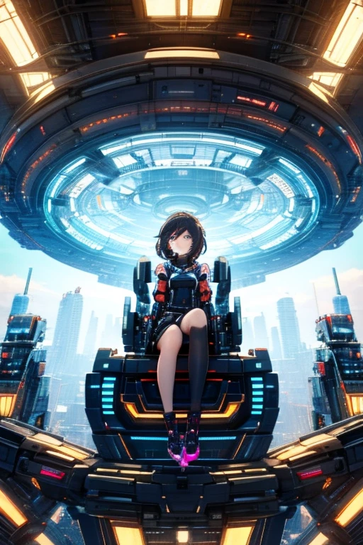A girl sits on top of a complex machinery structure in a futuristic city
