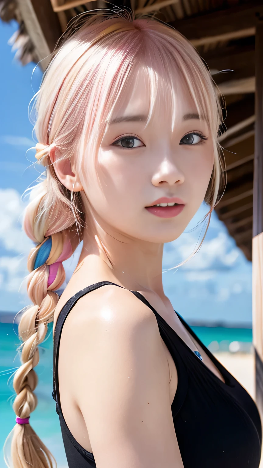 pale, Sunburned skin、Sunburn marks on Sunburned skin、Multicolored Hair、Pink Hair,blonde,Platinum Hair,Brown Hair、A cute 15-year-old girl with a cute expression, A strong wind blows my hair in front of my face、beautiful long blonde French braided hair、beautiful, Cute eyes hidden by long bangs、yawn、Double teeth、Reduces the appearance of nasolabial folds、