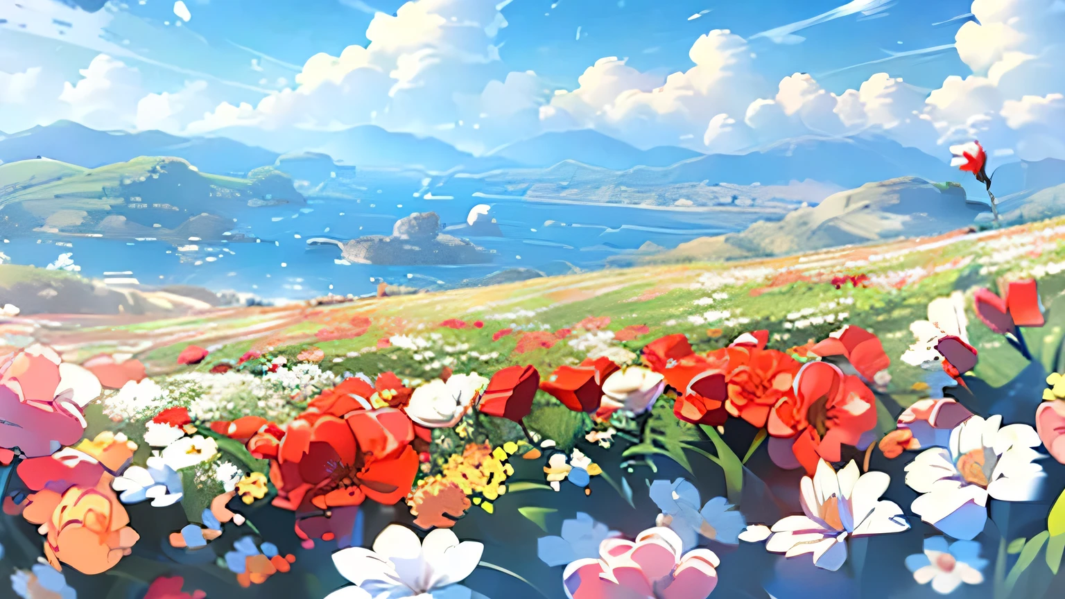 a view from a valley with huge cascades, lots of flowers, clouds and a shiny day