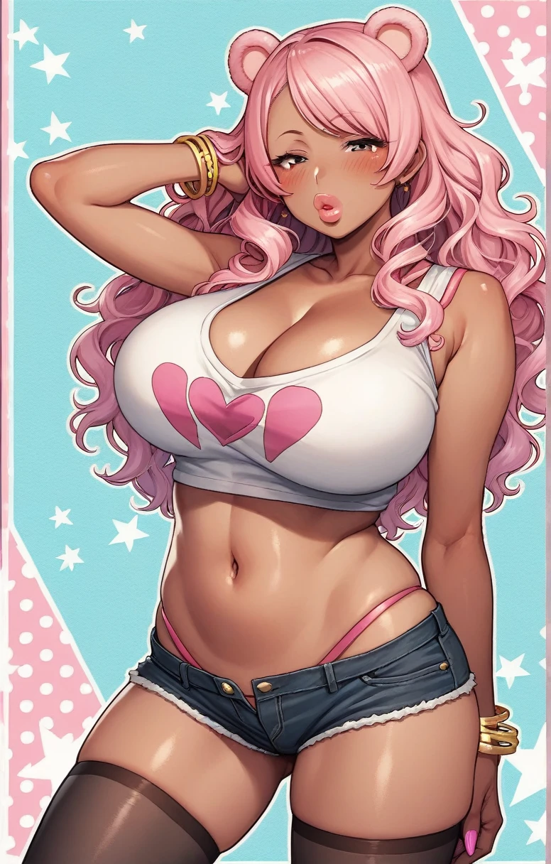 score_9, score_8_up, score_7_up, score_6_up, score_5_up, score_4_up, BREAK, ((by aruurara)), anime, pink hair, pink bear ears, half-closed eyes, dark skin, solo, curvy figure, (big breasts), voluptuous, big lips, blush, clothed, clothes, cleavage, crop top, gyaru, hotpants, fur, thighhighs, detailed, long hair, wavy hair, detailed background