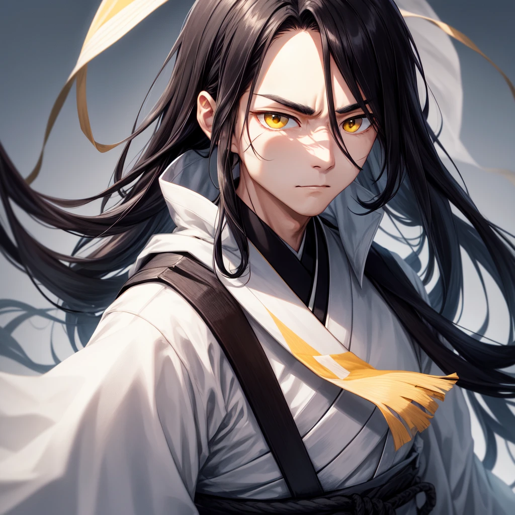 The character has long hair, smooth and black that fall over your face, partially hiding your eyes. Your eyes are different colors, with one right eye ((yellow)) and the left eye ((Unripe)), a detail that draws a lot of attention. His face is partially covered by ((white bandages that go from the nose to the chin)), leaving only your eyes and forehead showing. He wears a traditional dark Japanese uniform with a high collar., typical of a warrior or samurai. His expression is serious and focused, conveying an air of mystery and determination.