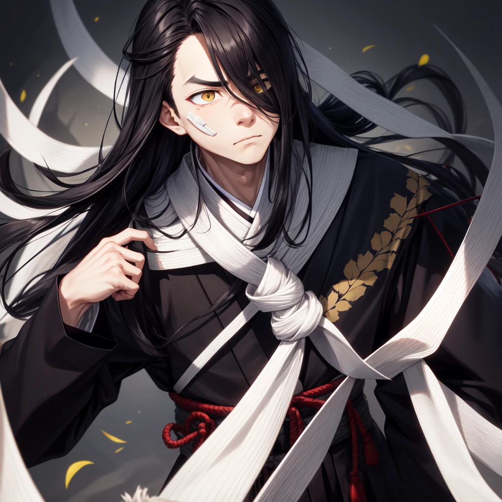The character has long hair, smooth and black that fall over your face, partially hiding your eyes. Your eyes are different colors, with one right eye ((yellow)) and the left eye ((Unripe)), a detail that draws a lot of attention. His face is partially covered by ((white bandages that go from the nose to the chin)), leaving only your eyes and forehead showing. He wears a traditional dark Japanese uniform with a high collar., typical of a warrior or samurai. His expression is serious and focused, conveying an air of mystery and determination.
