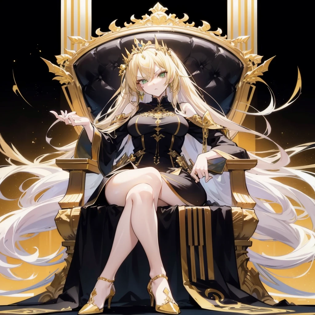 Tall and mature anime girl, long blonde hair, green eyes, angry expression, arrogant, sitting on a throne, beautiful and detailed throne room, wearing heels and a beautiful long black and gold dress, hair adorned with golden accessories, good anatomy, detailed