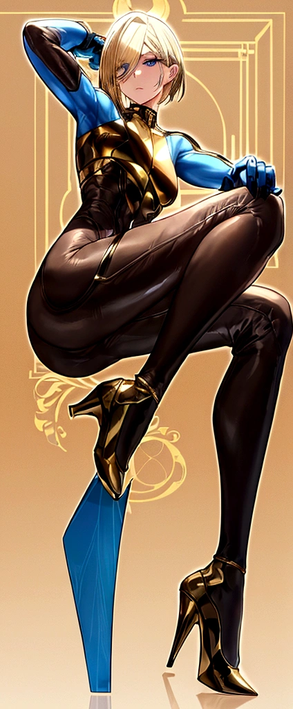 (masculine) (android) (blonde hair that reaches to the heels) (blue eyes) (Slim and toned body) (wears a tight brown bodysuit with gold details) (laboratory background) (holding a bird in his hands)