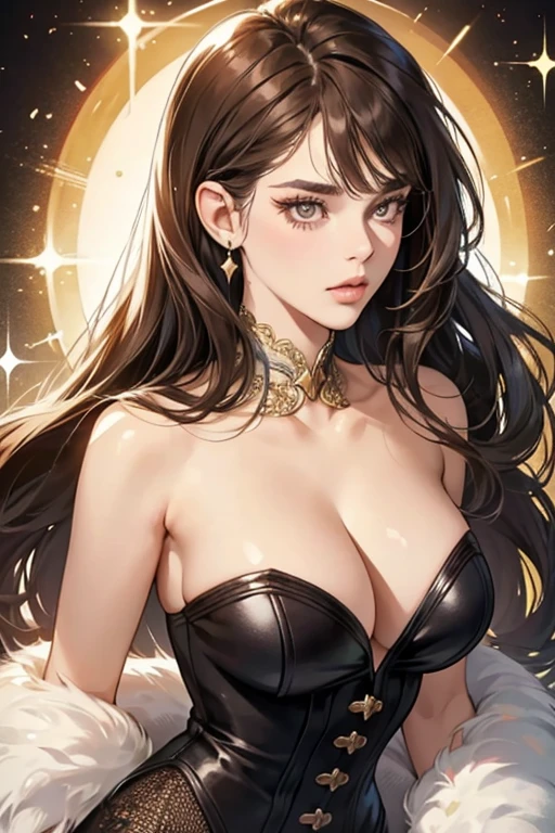 Barbara is a tall woman with a long face and strongly defined cheekbones. She has dark brown eyes and short, dark brown hair with bangs that she combs to the left side. Her lashes are thick and strongly defined, accentuating the woman's full eyes.  SPARKLE; GLITTER